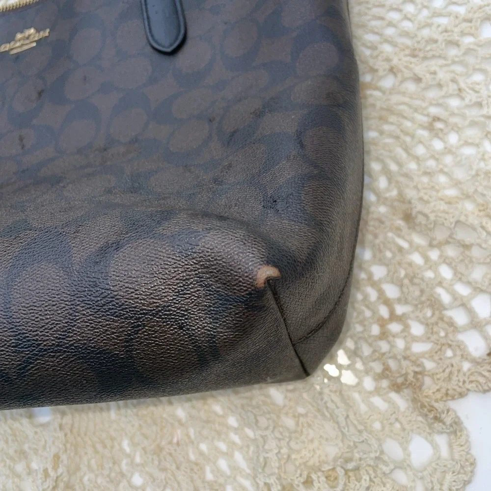 Coach Signature Top Zip Tote Bag 4455 Walnut / Black  READ DETAILS!!! Broken Zip